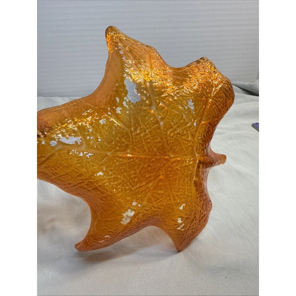 Vintage Iridescent Marigold Art Glass Maple Leaf Dish Candy Bowl Fall Decor